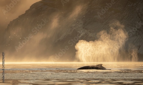 A serene scene of a gray whale spouting mist into the air as it surfaces photo