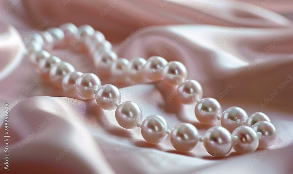 A pearl necklace draped gracefully on a satin material background A pearl necklace draped gracefully on a satin material background