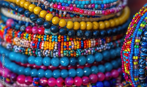 A stack of beaded bracelets in vibrant colors