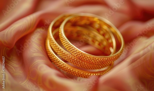 A set of chic gold bangles arranged on a sleek satin material background