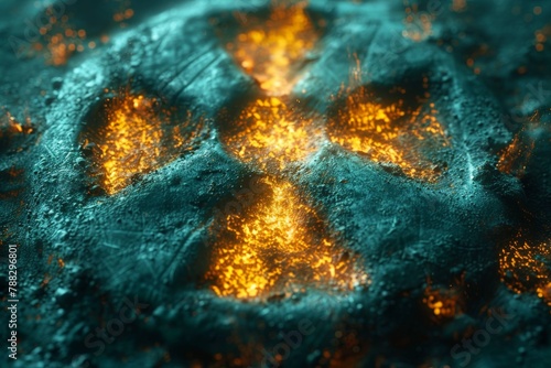 Close-up image of a shimmering biohazard symbol, implying danger or a threat with a dark, moody background photo
