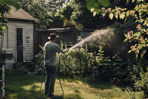 Man is hosing flowers in the garden on the backyard of a country house. photo