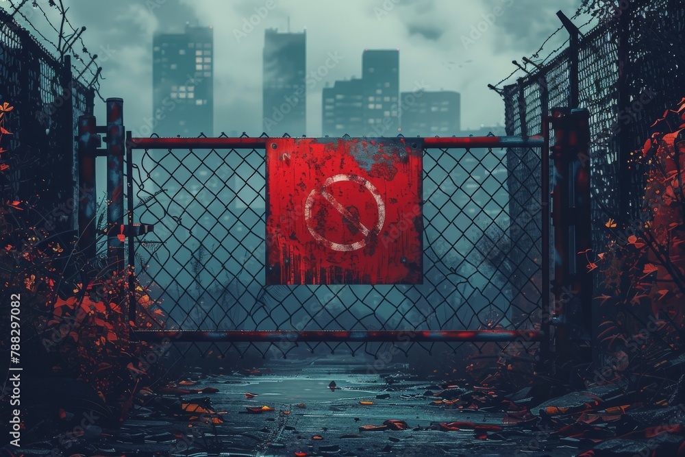 Apocalyptic view with a red peace symbol on a fenced gate among ominous ...