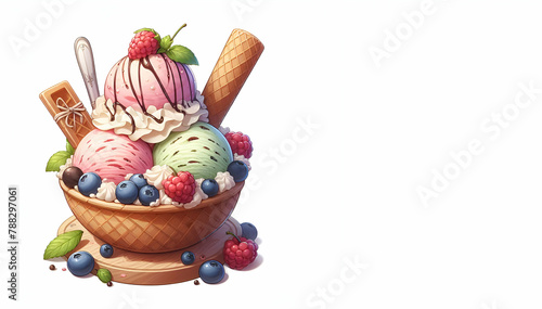 Watercolor illustration of a bowl of ice cream with berries and ice cream, generative ai
