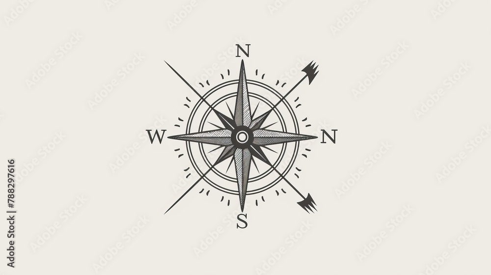 A simple line drawing of an old-fashioned compass rose, with North and South depicted by arrows on the needle, vector illustration, white background, minimalistic design, monochrome color palette, in  - obrazy, fototapety, plakaty 
