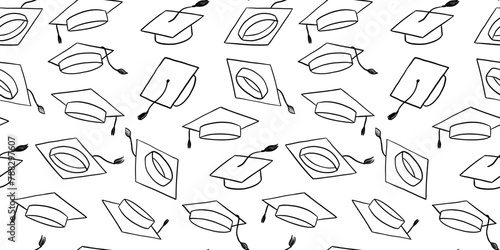 Graduate hat doodle illustrations seamless pattern. Hand drawn university caps repeat backdrop. Academic hat line background © Elena
