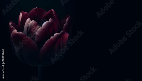 One pink red coral peony flower in sun light beam on minimal black shadow background with copy space Floral composition Botany wallpaper or greeting card Creative close up hope or new life idea  gener