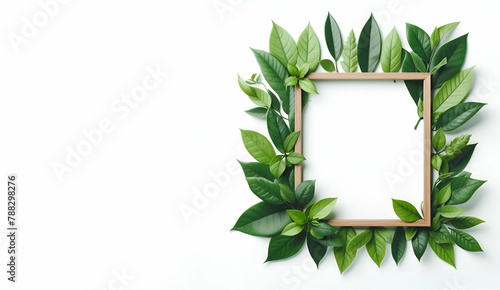 White  frame Creative layout made of green leaves spring twigs AI Generated