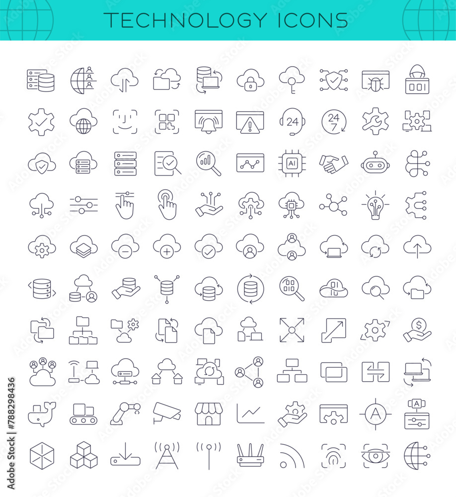 Technology icon set for Information Technology and Computer Software. 100 line icons related to cloud, server, data, iot, ai, cyber security, network. Editable vector stroke. 256x256 Pixel Perfect. Technology icon set for Information Technology and Computer Software. 100 line icons related to cloud, server, data, iot, ai, cyber security, network. Editable vector stroke. 256x256 Pixel Perfect.