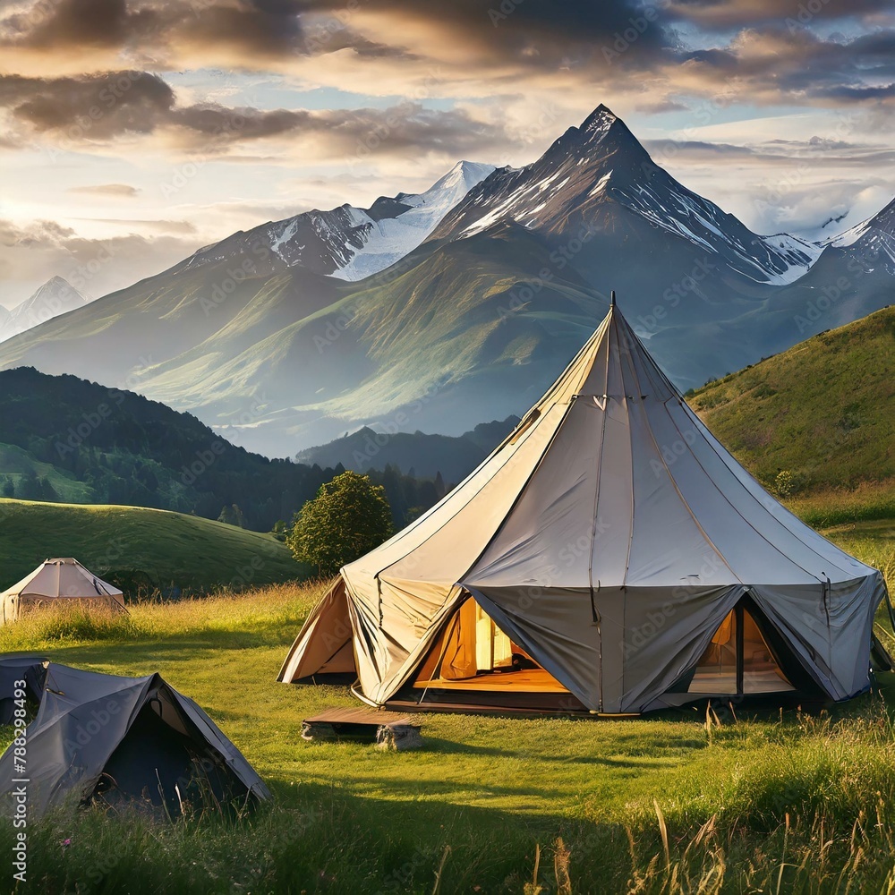 countryside scene  glamping tents set against a backdrop of rolling hills and majestic mountains, providing a luxurious camping experience amidst pristine natural surroundings.