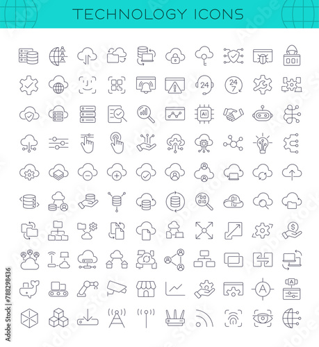 Technology icon set for Information Technology and Computer Software. 100 line icons related to cloud, server, data, iot, ai, cyber security, network. Editable vector stroke. 256x256 Pixel Perfect.