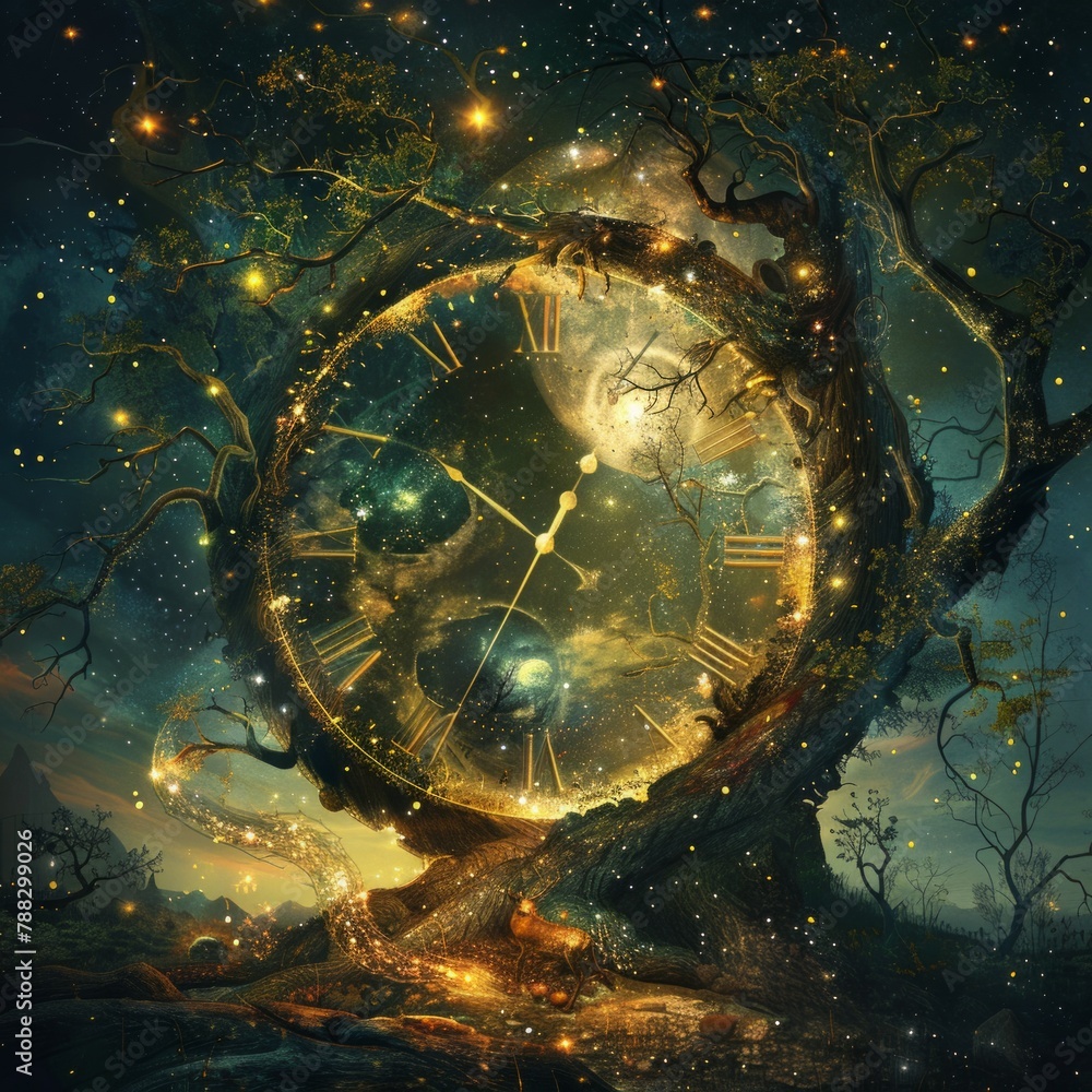 the mystery of time.
Space-time relationship, surrealist depiction of the concepts of nature and time. general theory of relativity