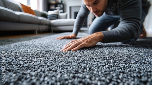 man installing self adhesive carpet tiles on floor in living room at homeimage illustration photo