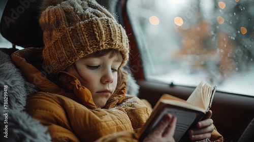 kid is reading a book sitting in the back seat of a carphoto illustration photo