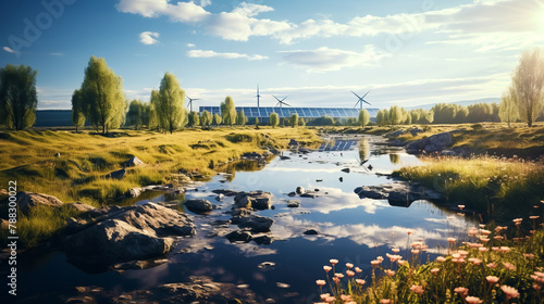 Renewable energy landscape with wind turbines in a distanse among spring scenery. photo