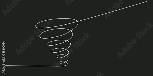 Storm with tornado - hand drawing one single continuous line banner. Vector stock illustration isolated on black background for design template weather forecast, travel blog. Editable stroke.