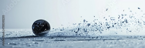 Hockey puck sliding on ice with water splash - A dynamic image of a black hockey puck sliding across the ice, creating a dramatic water splash, showing motion and energy