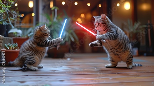 two very fat cats fighting light sabersimage photo