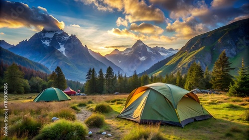 Mountain Campsite Offers Majestic Views  Tent Stands Proudly in the Foreground Wilderness.