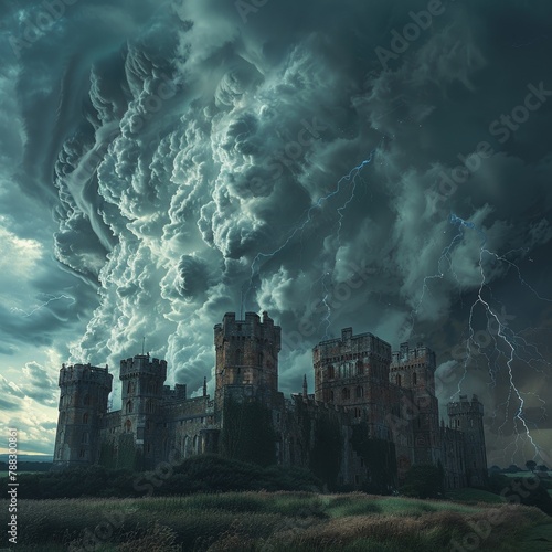 Thunderous citadel, storm wrapped spires, stormy, fortress amidst tempests, wide expanse, dynamic skies, elemental bastion  photo