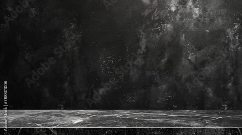 Empty table marble black countertop on black wall background.