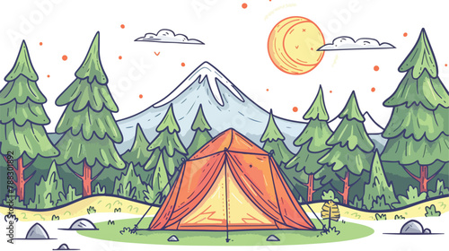Camping tent in pine woods outline illustration. Color