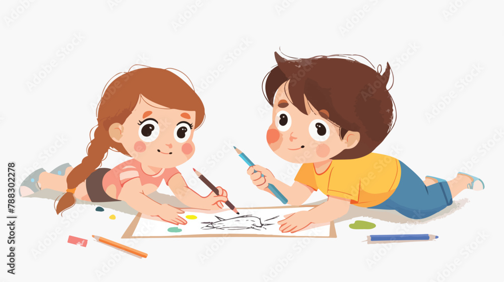 Cartoon little boy and girl painting picture on paper