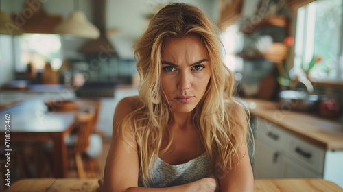 Wide extreme closeup face of angry woman looking at camera with realistic expressions big eye balls and messy hair