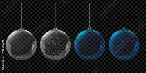 Realistic hanging glass christmas balls. New Year glass balls on the tree with snowflakes inside