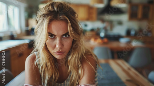 Wide extreme closeup face of angry woman looking at camera with realistic expressions big eye balls and messy hair