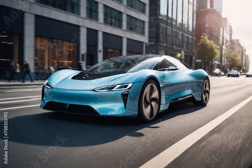 Futuristic electric car running on the city street at day time with motion blur and copy space. Futuristic EV Car and Alternative Energy Concept.