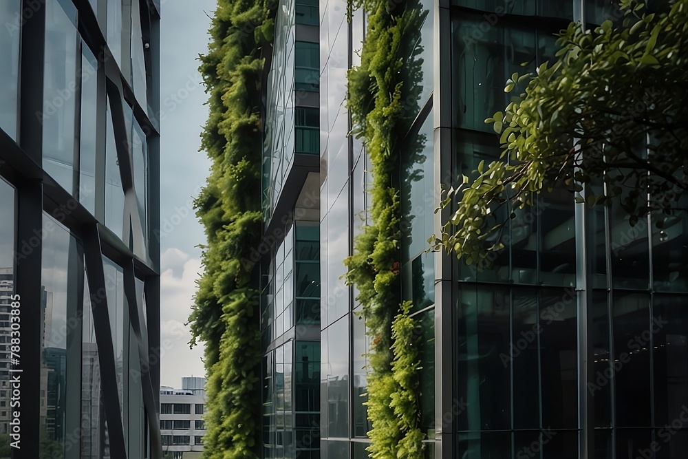 Sustainable green building. Eco-friendly building. Sustainable glass office building with trees for reducing carbon dioxide. Office with green environment. Corporate building reduce CO2. Safety glass.