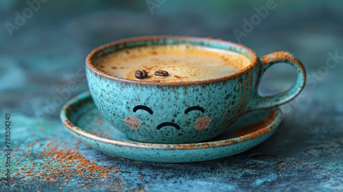 coffee cup with sad cartoon face on the foam on gray blue background blue monday conceptimage illustration