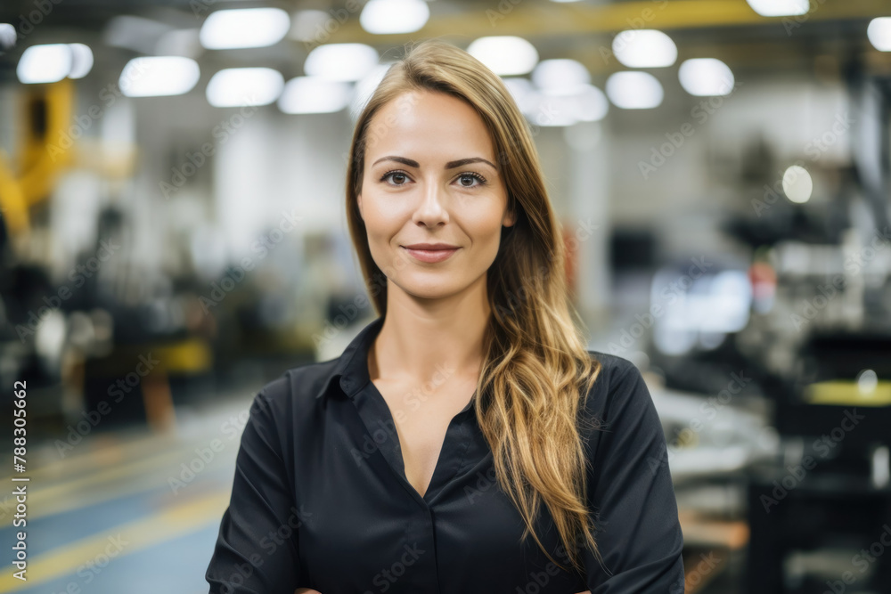 employee factory worker against the background of an assembly shop, conveyor line of a machine plant, automobile plant, portrait, close employee factory worker against the background of an assembly shop, conveyor line of a machine plant, automobile plant, portrait, close