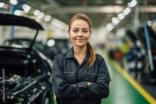 Wallpaper Mural employee factory worker against the background of an assembly shop, conveyor line of a machine plant, automobile plant, portrait, close Torontodigital.ca