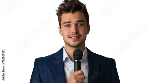 portrait of young entrepreneur holding microphone isolated on transparent background, young boy cut out, public speaking 