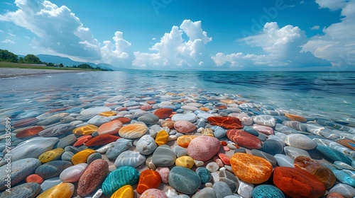 a pristine beach adorned with colorful rocks, their vibrant hues creating a picturesque scene against the backdrop of the calm sea, depicted in cinematic high resolution photography. photo