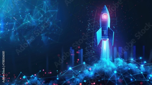 Abstract rocket launch and graph growing up. Low poly style design. Business start up idea concept. Blue geometric background.