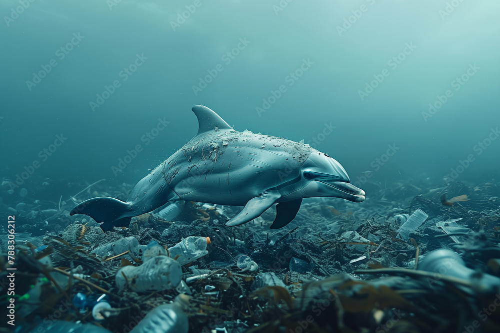 A distressed dolphin surrounded by floating plastic trash against a bleak blue-gray ocean backdrop highlighting the urgency of World Oceans Day