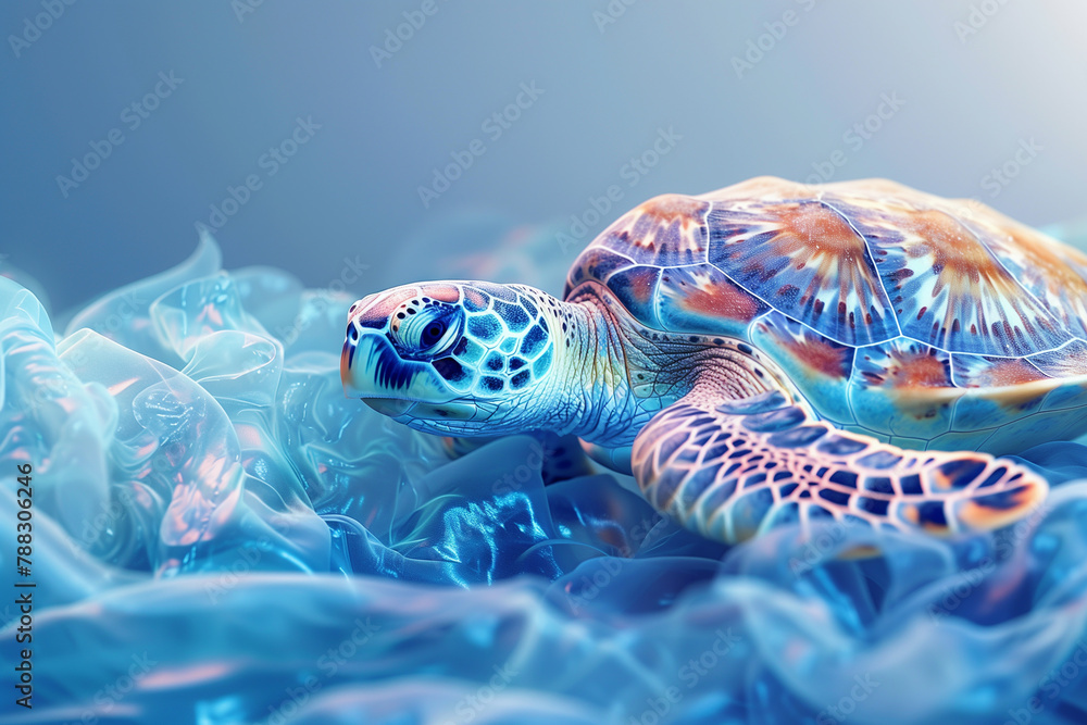 Gentle sea turtle navigates through a dense swirl of single-use plastic ...