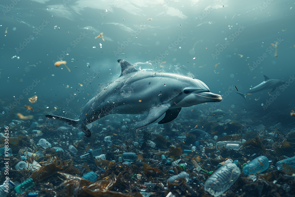 Obraz premium A distressed dolphin surrounded by floating plastic trash against a bleak blue-gray ocean backdrop highlighting the urgency of World Oceans Day