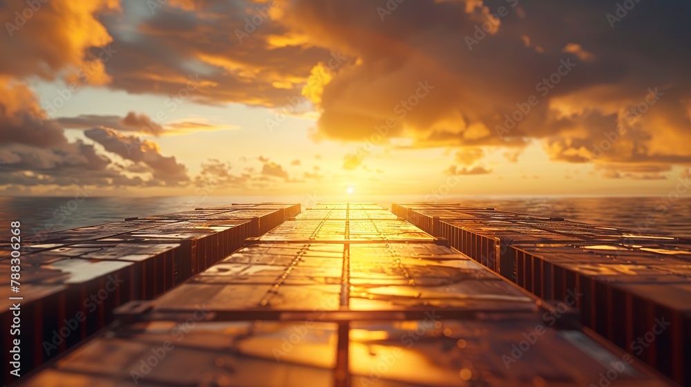 Container ship deck at sunset, close-up on cargo, golden hour light, global logistics 