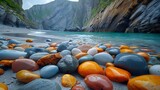 a secluded beach adorned with colorful rocks, their vibrant hues adding a pop of color to the serene coastal landscape, portrayed in high resolution cinematic photography.