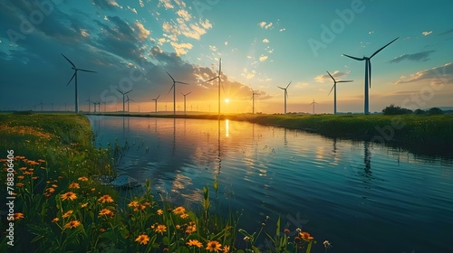 Sustainable Energy Dialogue: Wind Power at Sunset. Concept Renewable Energy, Wind Power, Sunset Perspective, Sustainability Discussion photo