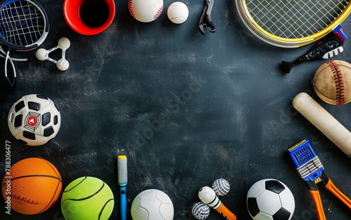 An overhead view background of various sports equipment with empty space