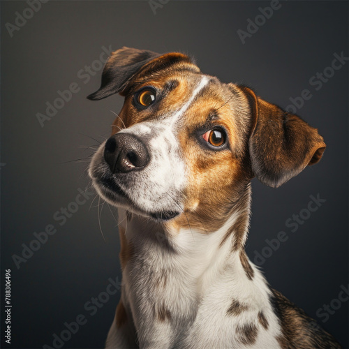Dog, face and portrait with pet of companion or jack Russell with fur on a gray studio background. Closeup of animal avatar, breed or canine looking with cute or adorable puppy eyes on mockup space