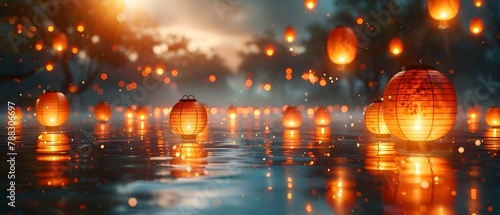Floating Lanterns: Illuminating Serenity and Joy. Concept Magical Moments, Tranquil Reflection, Ethereal Glowing Lights