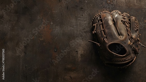 Vintage baseball glove on rustic wooden surface - An old, well-used baseball glove laying atop a dark rustic wooden background, giving a sense of nostalgia and sport history photo