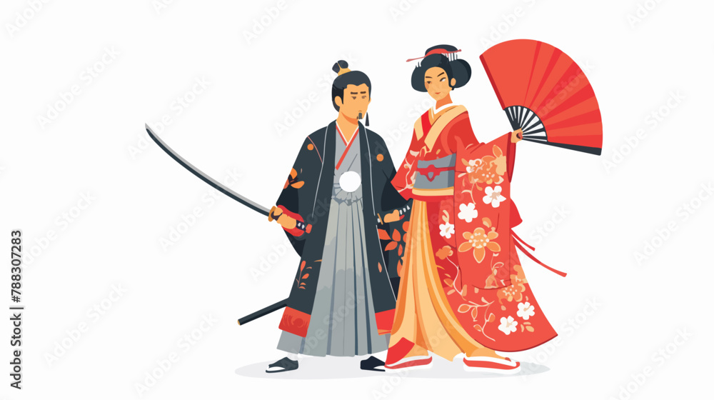 Couple of geisha and samurai standing isolated on white background