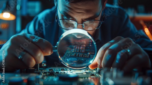 Worker inspecting microchips with magnifier, macro shot, intense concentration, technology production